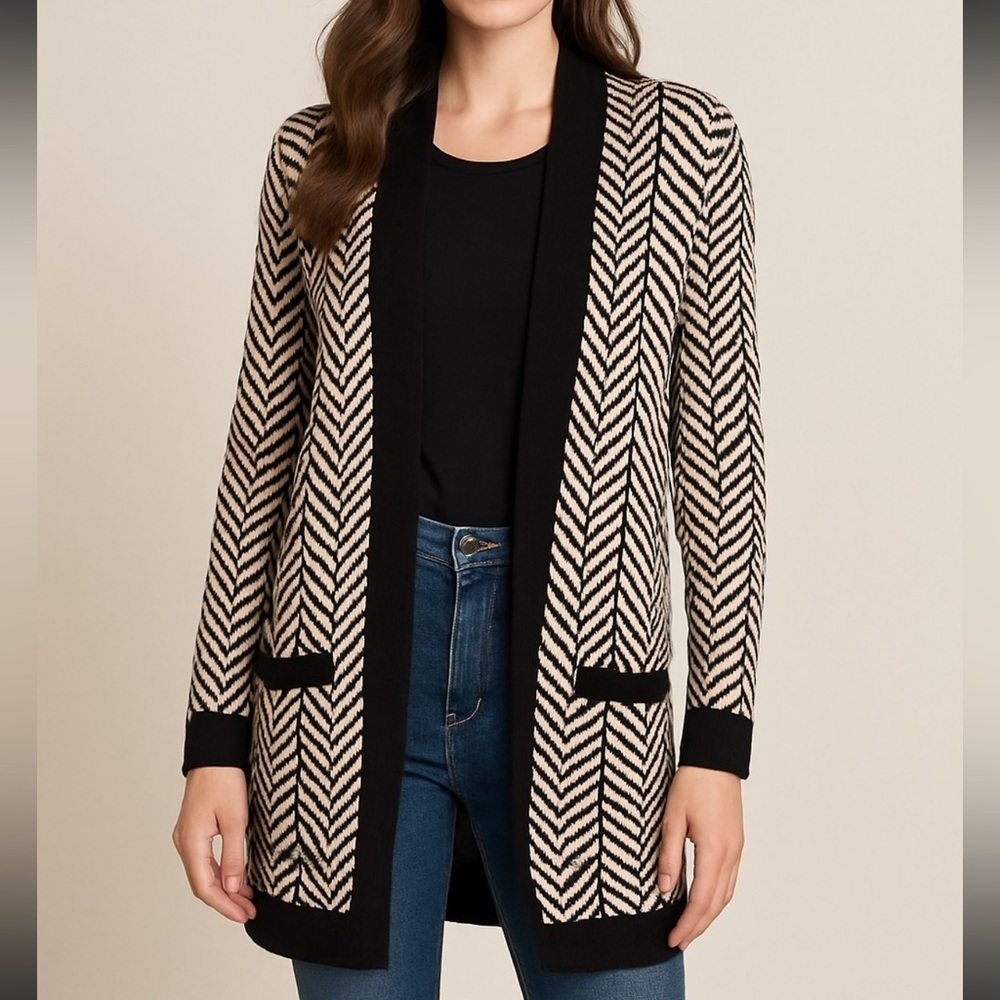 Margaret O’Leary Long Open Cardigan Black Tan Pockets Size M - Picture 6 of 6